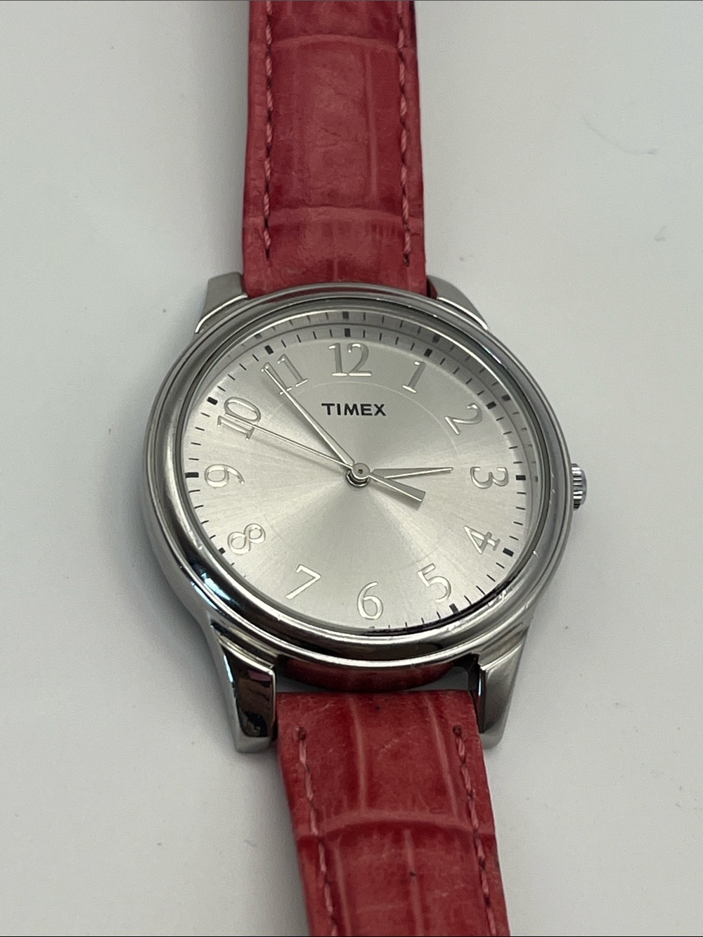 Timex Silver Dial Watch with Pink Leather Strap
